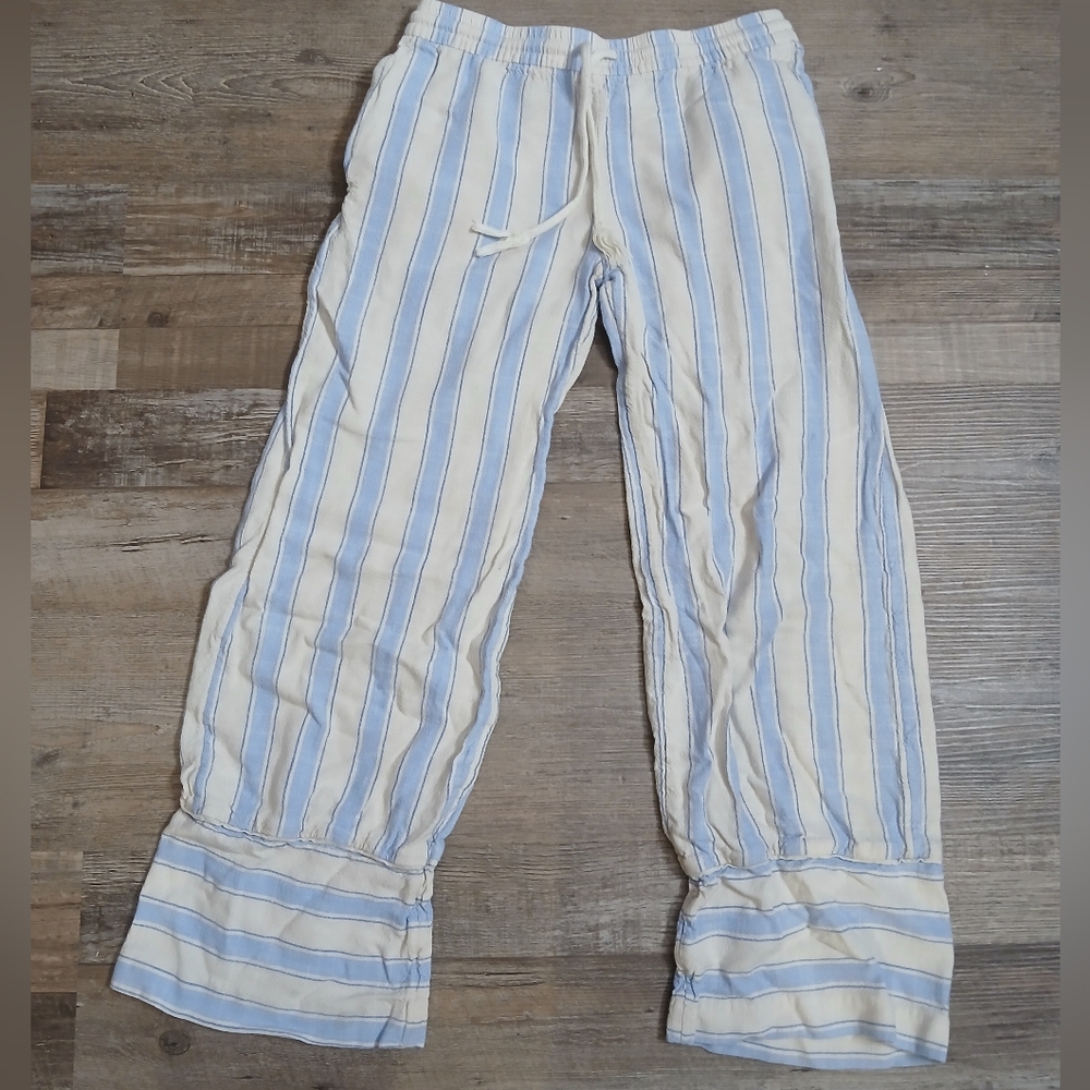 H&M Divided Striped Pants Women XS Blue Cream Linen Blend Boho Wide Leg Ruffle